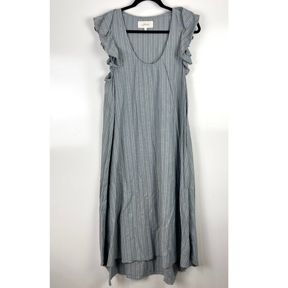 THE GREAT. Women's Petal Striped Chambray Midi Dress Ruffle Sleeve Size 2 Medium - Picture 1 of 10